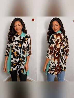 Feratelli Animal Print/Mint Green Asymmetrical Zip-Front Tunic Longer Sides Sz M